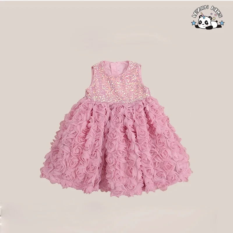 LEZONKIDS - Wholesale Summer Sleeveless Sequined Dress  Flowers Girls Dress for 2-8T Kids